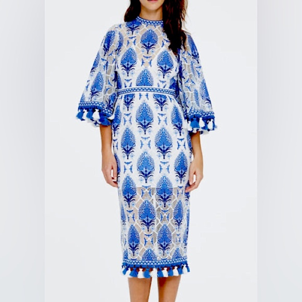 Blue and white embroidered dress with tassel sleeve and hem sz 2-4